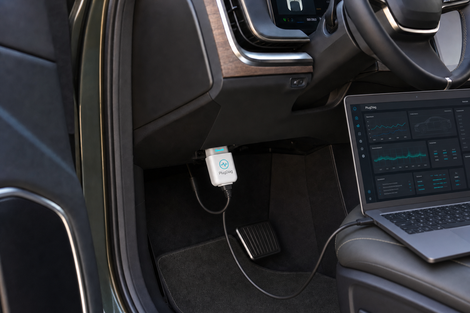 White PlugDiag diagnostic adapter connected between a modern electric vehicle's under-dashboard diagnostic port and a laptop running the PlugDiag app